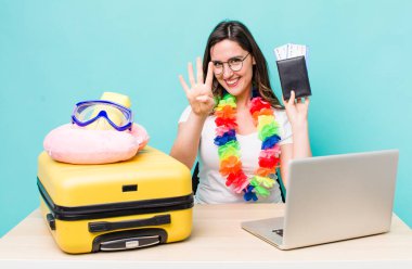 young pretty woman  smiling and looking friendly, showing number four. summer travel concept