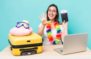 young pretty woman  smiling and looking friendly, showing number five. summer travel concept