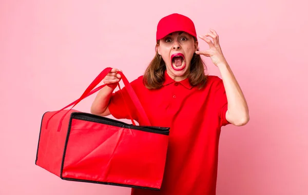 Jonge Mooie Vrouw Schreeuwen Met Handen Omhoog Lucht Pizzabezorging — Stockfoto