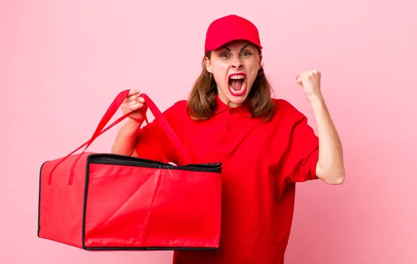 Young Pretty Woman Shouting Aggressively Angry Expression Pizza Delivery Concept — Stock fotografie