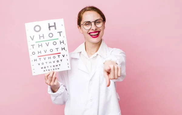 Young Pretty Woman Pointing Camera Choosing You Optical Vision Test — Foto de Stock