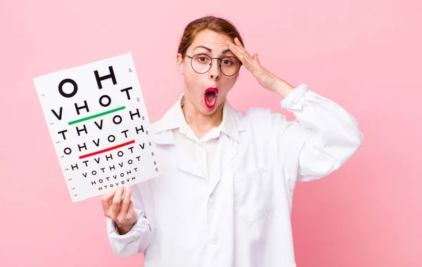 Young Pretty Woman Looking Happy Astonished Surprised Optical Vision Test — Stockfoto