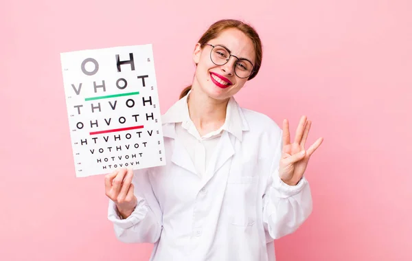 Young Pretty Woman Smiling Looking Friendly Showing Number Four Optical — Stockfoto