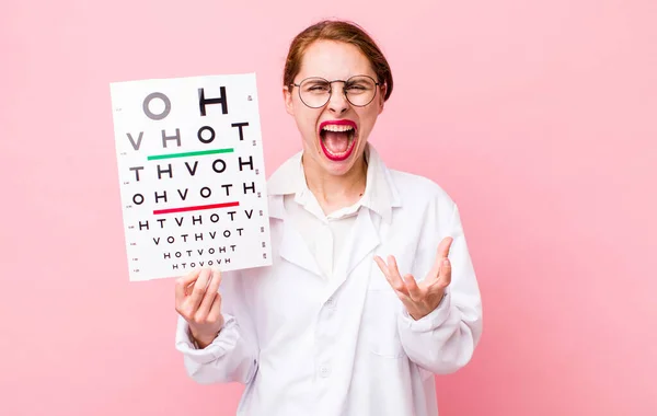 Young Pretty Woman Looking Angry Annoyed Frustrated Optical Vision Test — Zdjęcie stockowe