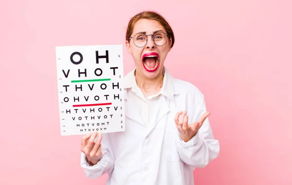 Young Pretty Woman Looking Desperate Frustrated Stressed Optical Vision Test — Stockfoto