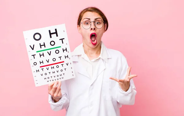 Young Pretty Woman Feeling Extremely Shocked Surprised Optical Vision Test — Stockfoto