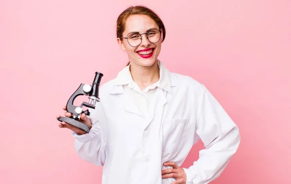 Young Pretty Woman Smiling Happily Hand Hip Confident Scientist Microscope — Stock Fotó