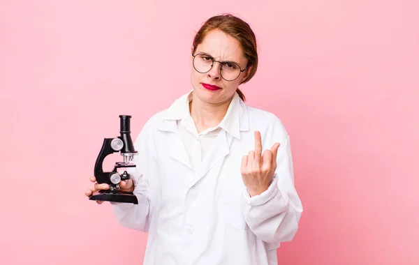 Young Pretty Woman Feeling Angry Annoyed Rebellious Aggressive Scientist Microscope — Stock Fotó