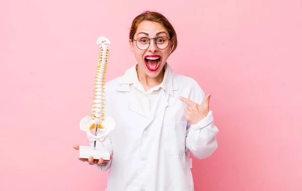 Young Pretty Woman Feeling Happy Pointing Self Excited Spine Specialist — Stockfoto