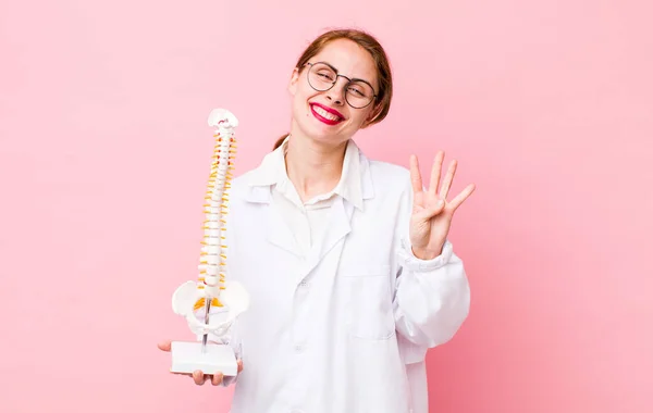 Young Pretty Woman Smiling Looking Friendly Showing Number Four Spine — Stockfoto
