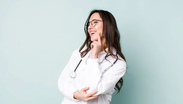 Young Pretty Woman Smiling Happy Confident Expression Hand Chin Physician — Stock Photo, Image
