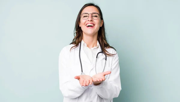 Young Pretty Woman Smiling Happily Friendly Offering Showing Concept Physician — Stock Photo, Image