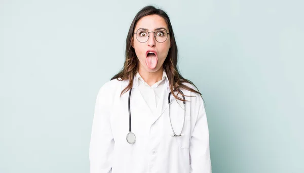 Young Pretty Woman Feeling Disgusted Irritated Tongue Out Physician Concept — 스톡 사진