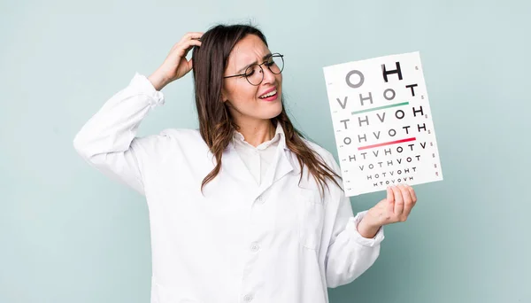 Young Pretty Woman Smiling Happily Daydreaming Doubting Optical Vision Test — Fotografia de Stock
