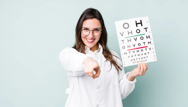 Young Pretty Woman Pointing Camera Choosing You Optical Vision Test — Foto de Stock