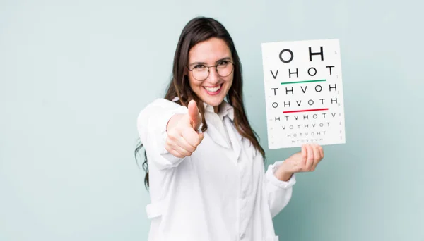 Young Pretty Woman Feeling Proud Smiling Positively Thumbs Optical Vision — Stockfoto