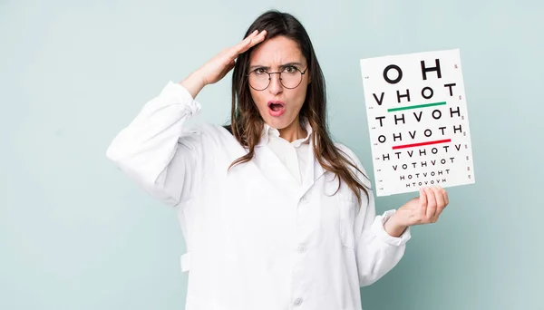 Young Pretty Woman Looking Happy Astonished Surprised Optical Vision Test — Stockfoto