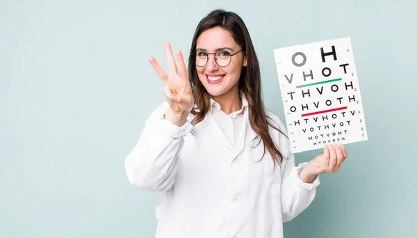 Young Pretty Woman Smiling Looking Friendly Showing Number Three Optical — Stockfoto