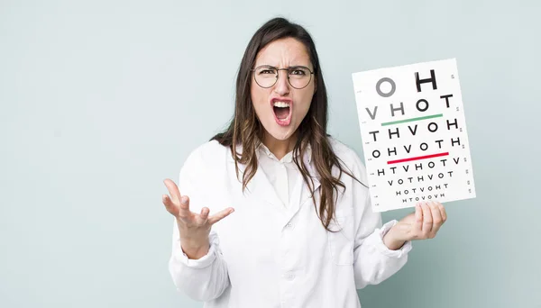 Young Pretty Woman Looking Angry Annoyed Frustrated Optical Vision Test — Stockfoto