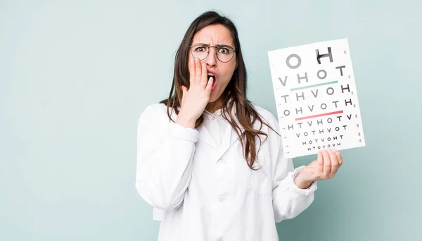 Young Pretty Woman Feeling Shocked Scared Optical Vision Test Concept — Stockfoto