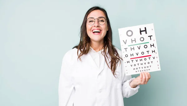 Young Pretty Woman Looking Happy Pleasantly Surprised Optical Vision Test — Stockfoto