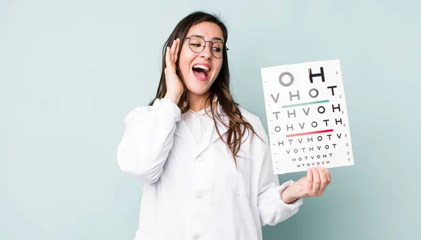 Young Pretty Woman Feeling Happy Excited Surprised Optical Vision Test —  Fotos de Stock