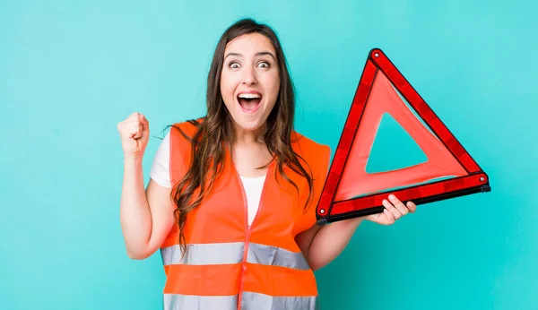 Young Pretty Woman Shouting Aggressively Angry Expression Car Emergency Triangle — Stok fotoğraf