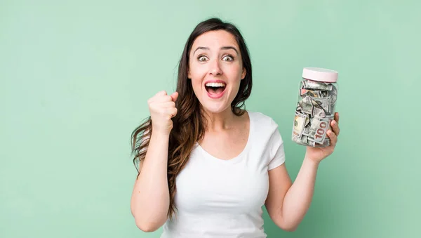 Young Pretty Woman Feeling Shocked Laughing Celebrating Success Savings Concept — Stock fotografie