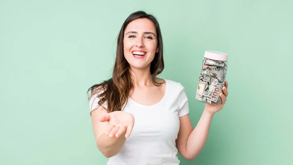 Young Pretty Woman Smiling Happily Friendly Offering Showing Concept Savings — Stock Photo, Image
