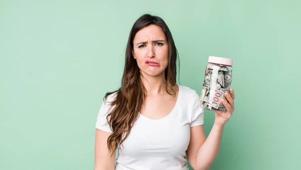 Young Pretty Woman Feeling Sad Whiney Unhappy Look Crying Savings — Stock Photo, Image