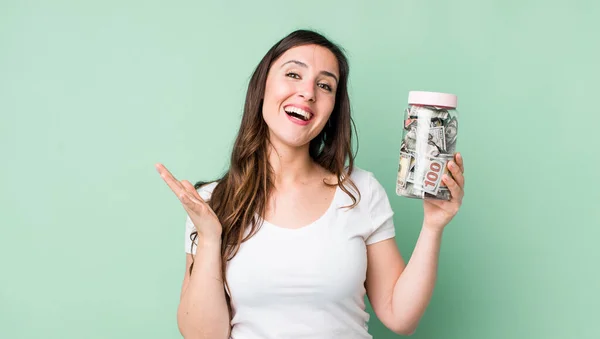 Young Pretty Woman Feeling Happy Surprised Realizing Solution Idea Savings — Zdjęcie stockowe