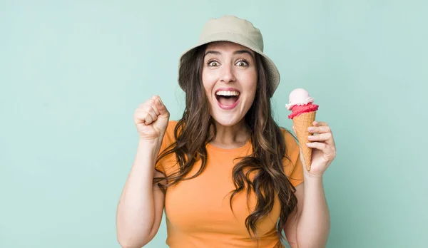 Young Pretty Woman Feeling Shocked Laughing Celebrating Success Summer Ice — Foto Stock