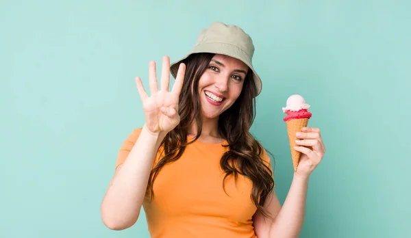 Young Pretty Woman Smiling Looking Friendly Showing Number Four Summer — Foto Stock
