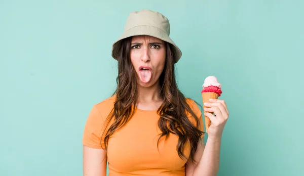 Young Pretty Woman Feeling Disgusted Irritated Tongue Out Summer Ice — Foto Stock