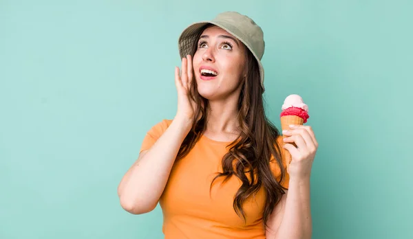 Young Pretty Woman Feeling Happy Excited Surprised Summer Ice Cream — Foto Stock