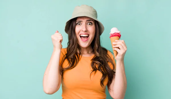 Young Pretty Woman Shouting Aggressively Angry Expression Summer Ice Cream — Stockfoto