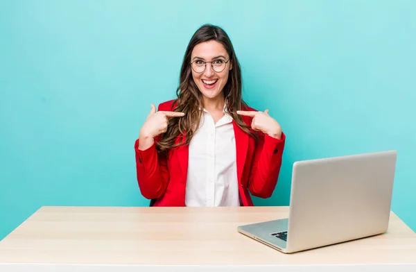 Young Pretty Woman Feeling Happy Pointing Self Excited Business Desk — Stockfoto