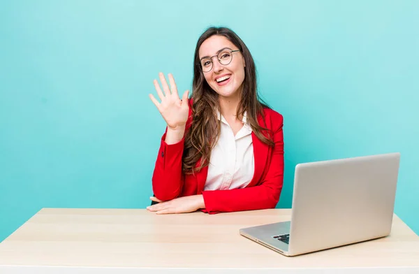 Young Pretty Woman Smiling Happily Waving Hand Welcoming Greeting You — Stockfoto