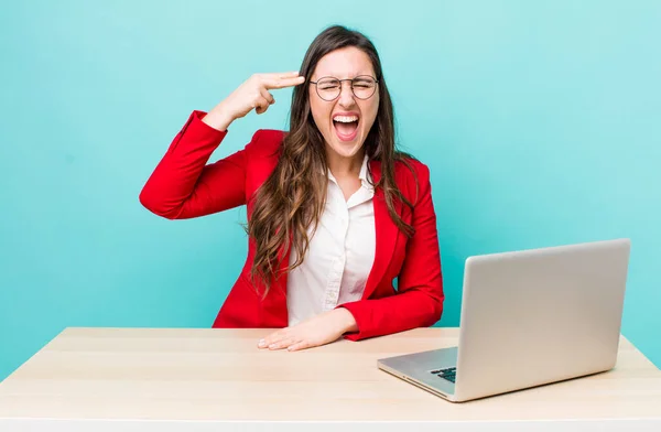 Young Pretty Woman Looking Unhappy Stressed Suicide Gesture Making Gun — Stockfoto