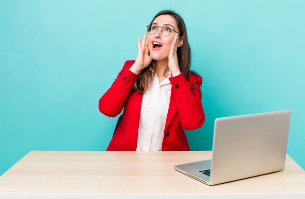 Young Pretty Woman Feeling Happy Excited Surprised Business Desk Concept — Fotografia de Stock