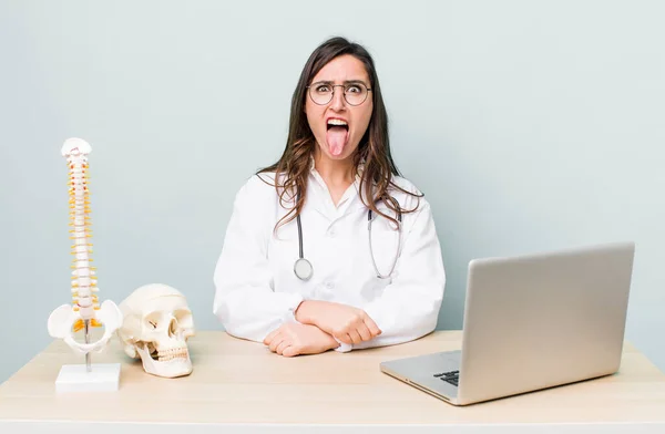 Young Pretty Woman Feeling Disgusted Irritated Tongue Out Spine Specialist — Photo