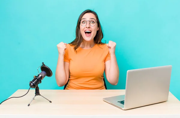 Young Pretty Woman Feeling Shocked Laughing Celebrating Success Influencer Concept — Φωτογραφία Αρχείου