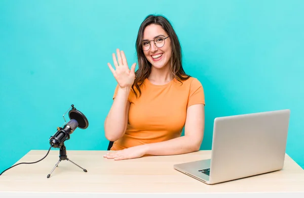 Young Pretty Woman Smiling Happily Waving Hand Welcoming Greeting You — Φωτογραφία Αρχείου