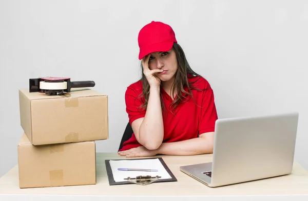 Young Pretty Woman Feeling Bored Frustrated Sleepy Tiresome Company Packer — Stok fotoğraf