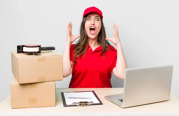Young Pretty Woman Screaming Hands Air Company Packer Employee — Photo