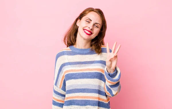 Young Pretty Woman Smiling Looking Friendly Showing Number Three Third — Stock Photo, Image