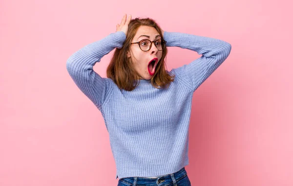 Young Pretty Woman Open Mouth Looking Horrified Shocked Because Terrible — Stock Photo, Image