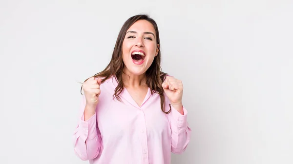 Jong Mooi Vrouw Gevoel Geschokt Opgewonden Gelukkig Lachen Vieren Succes — Stockfoto