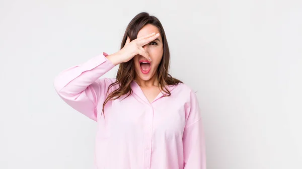 Young Pretty Woman Looking Shocked Scared Terrified Covering Face Hand — Stock Photo, Image