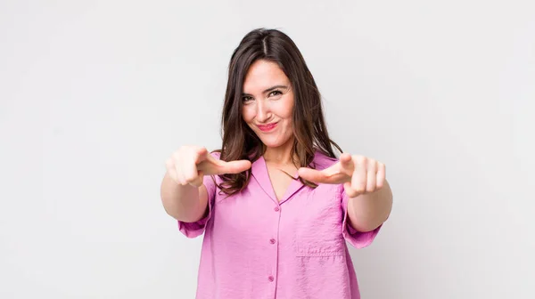 Young Pretty Woman Pointing Forward Camera Both Fingers Angry Expression — Stock Photo, Image